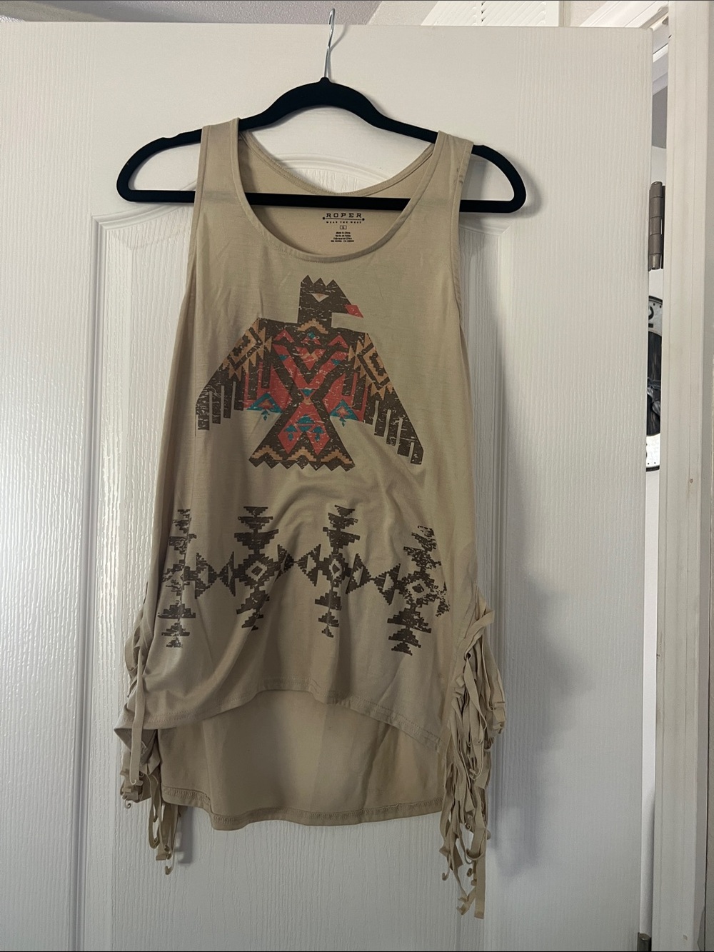 Roper Beige Tribal Thunderbird Fringe Tank Top